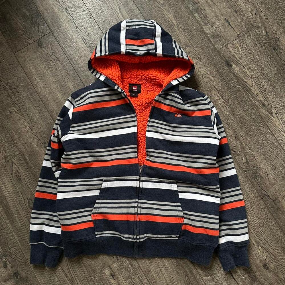 Vintage Y2K 00s Quiksilver Skater Striped Fur Lined Zip Up Hoodie Sweatshirt